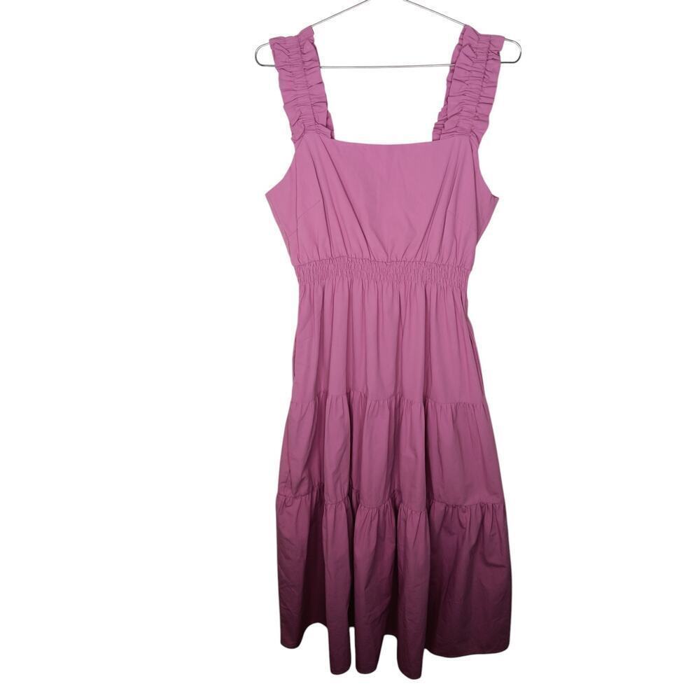 New Easel Los Angeles Tiered Midi Pink Ruffle Strap Pockets Cotton Dress S - Picture 2 of 16